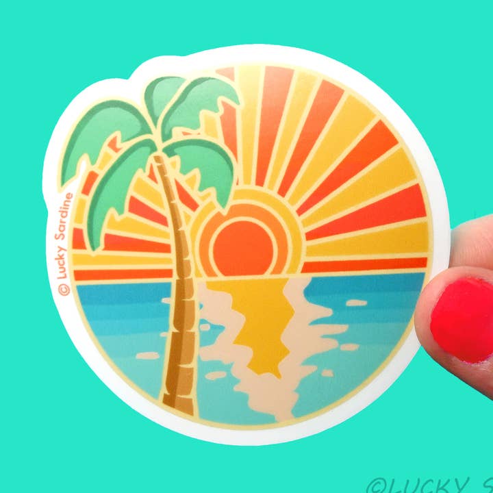 Autocollant en vinyle Ocean Sunset Palm Tree, Beach Retro California pour la vente par Lucky Sardine
