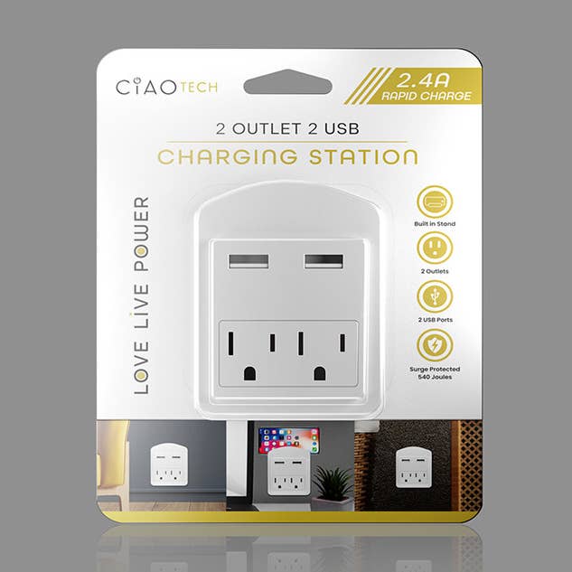 CIAO Tech Travel AC Charger 2 Outlet 2 USB Ports for wholesale by Lifeware Group LLC