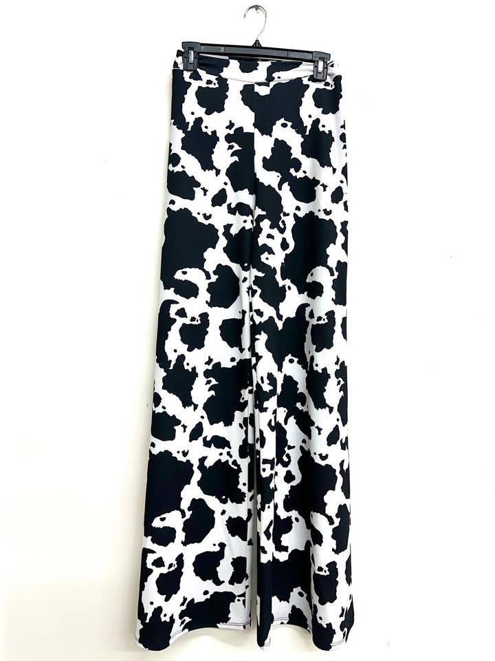 BLACK WHITE B11401 TECHNO CREPE COW PRINT PANTS WITH BACK METAL ZIPPER for wholesale on Faire6