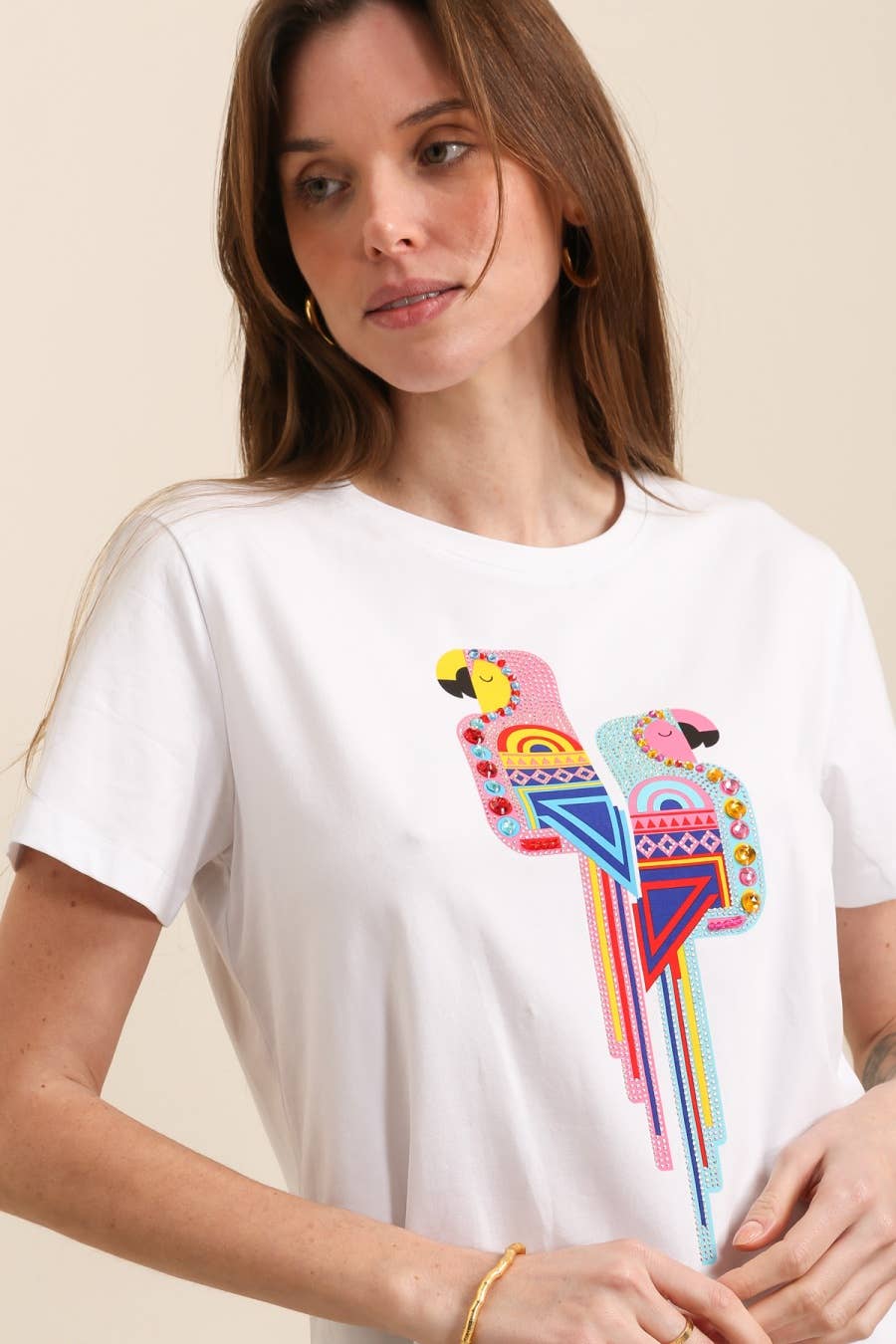 Attrait Paris - Vendita all'ingrosso Maglietta serigrafata - Donna - T-shirt in cotone con stampa grafica di pappagalli colorati1