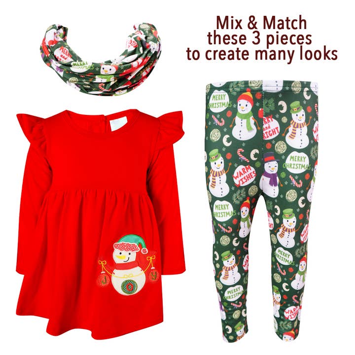 Traje de bufanda con pantalones de muñeco de nieve navideño para niñas - rojo para venta al por mayor de Angeline Kids