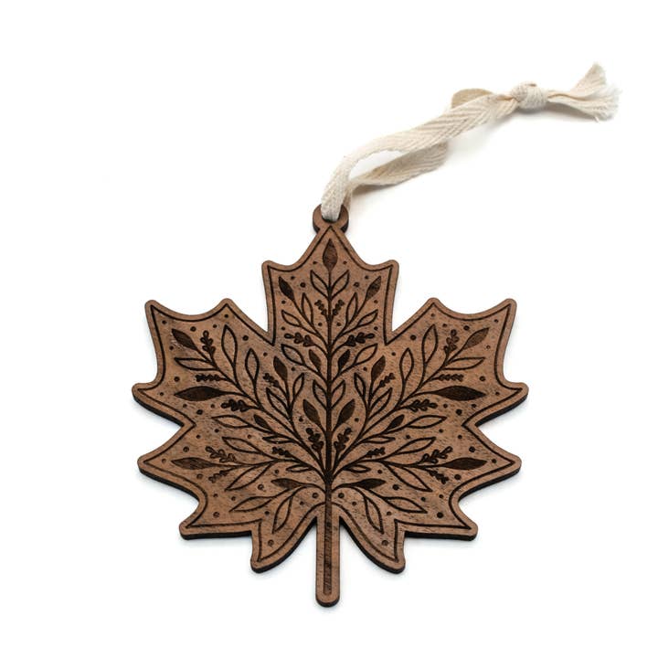 Maple Leaf Engraved Wood Ornament for wholesale by Wildewood Handcrafted Goods