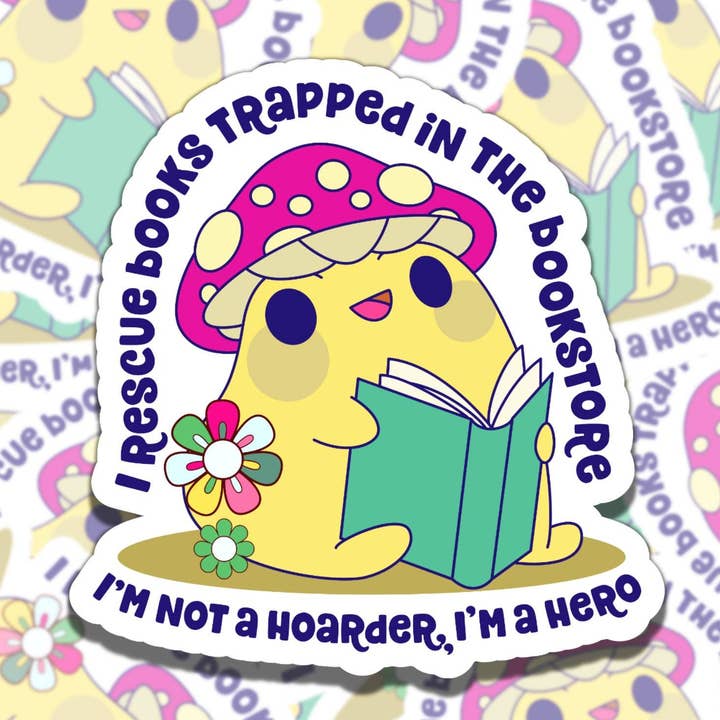 Autocollant imperméable en vinyle Frog Rescuing Books pour les vers de bibliothèque pour la vente par Sticky Sadness Designs