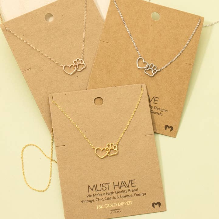 Fame Accessories - Wholesale Pendant/Charm Necklace - Gold Dipped Dog Paw Heart Cutout Pendant Necklace