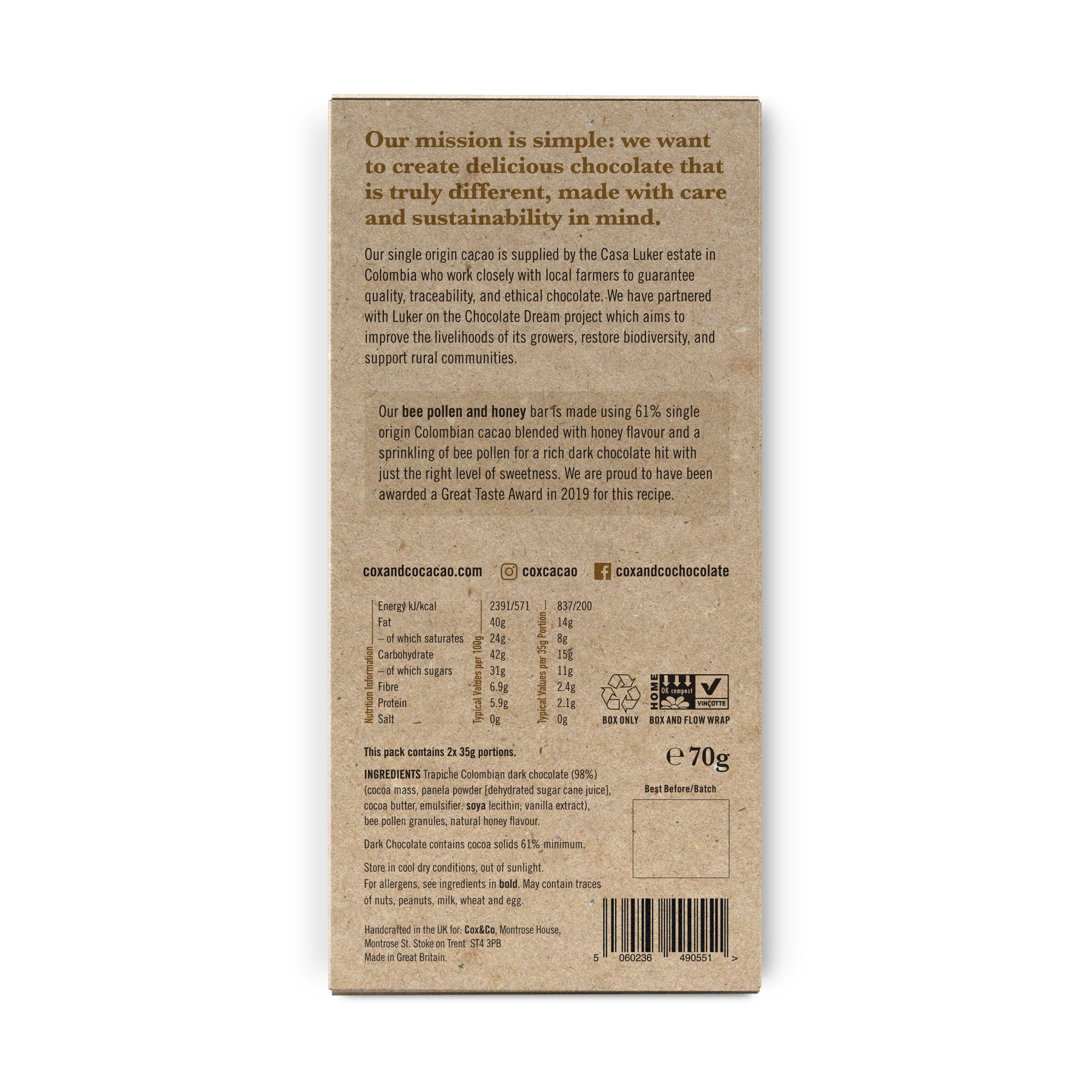 Cox&Co – wholesale Chocolate bar – Bee Pollen & Honey 60% Dark Chocolate Bar - 70g1