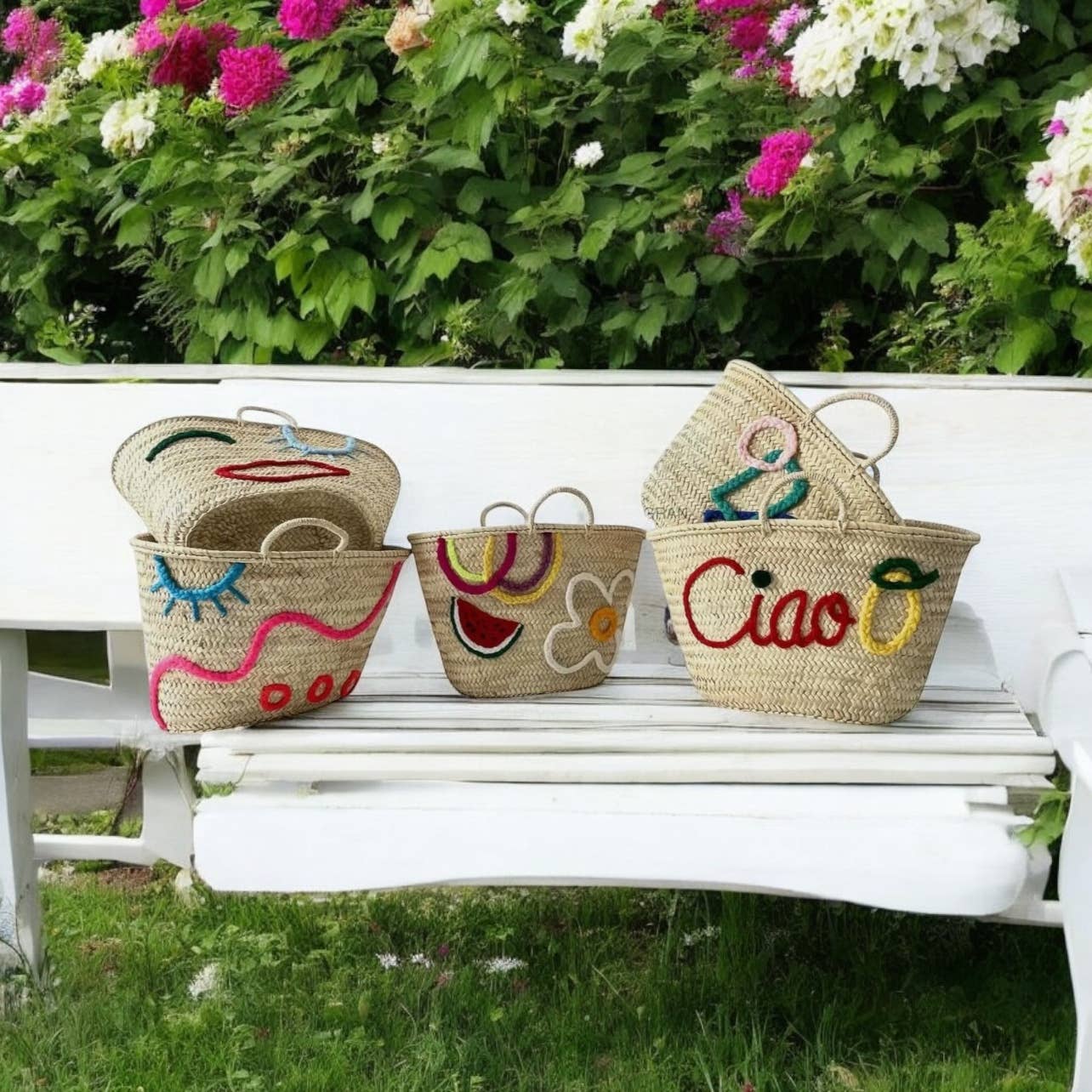 MIRAMAR Store - Wholesale Beach Bag - “Ciao” Embroidered Straw Basket Bag – 3 Sizes3