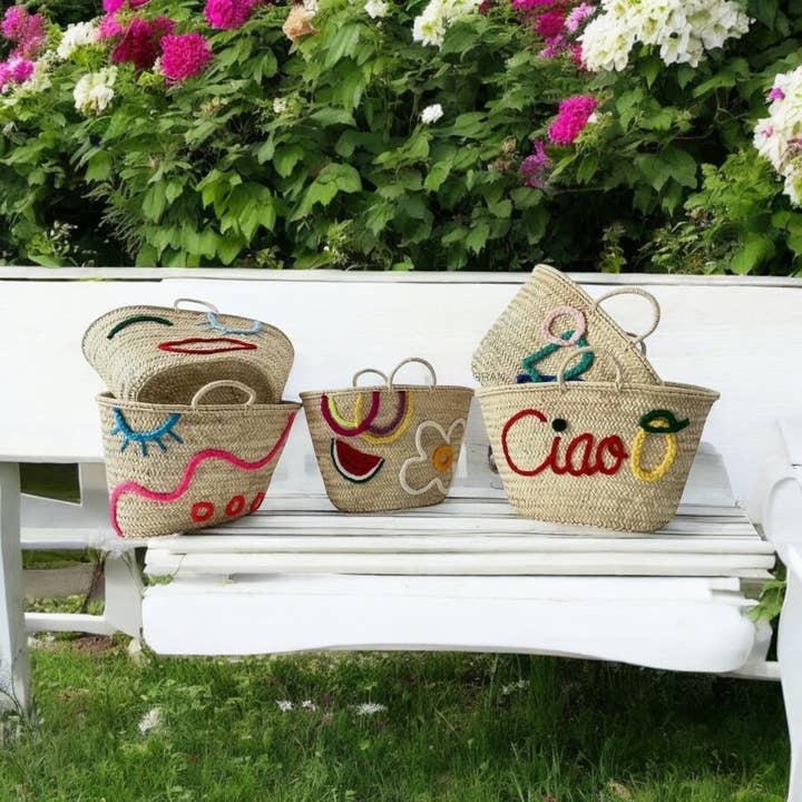 MIRAMAR Store - Wholesale Beach Bag - “Ciao” Embroidered Straw Basket Bag – 3 Sizes3