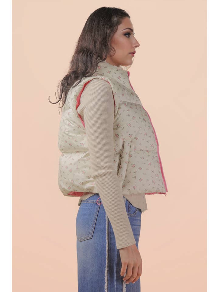 VERY J - Wholesale Outerwear Vest - Women's - NJ90395-Floral Printed Cropped Puffer Vest17