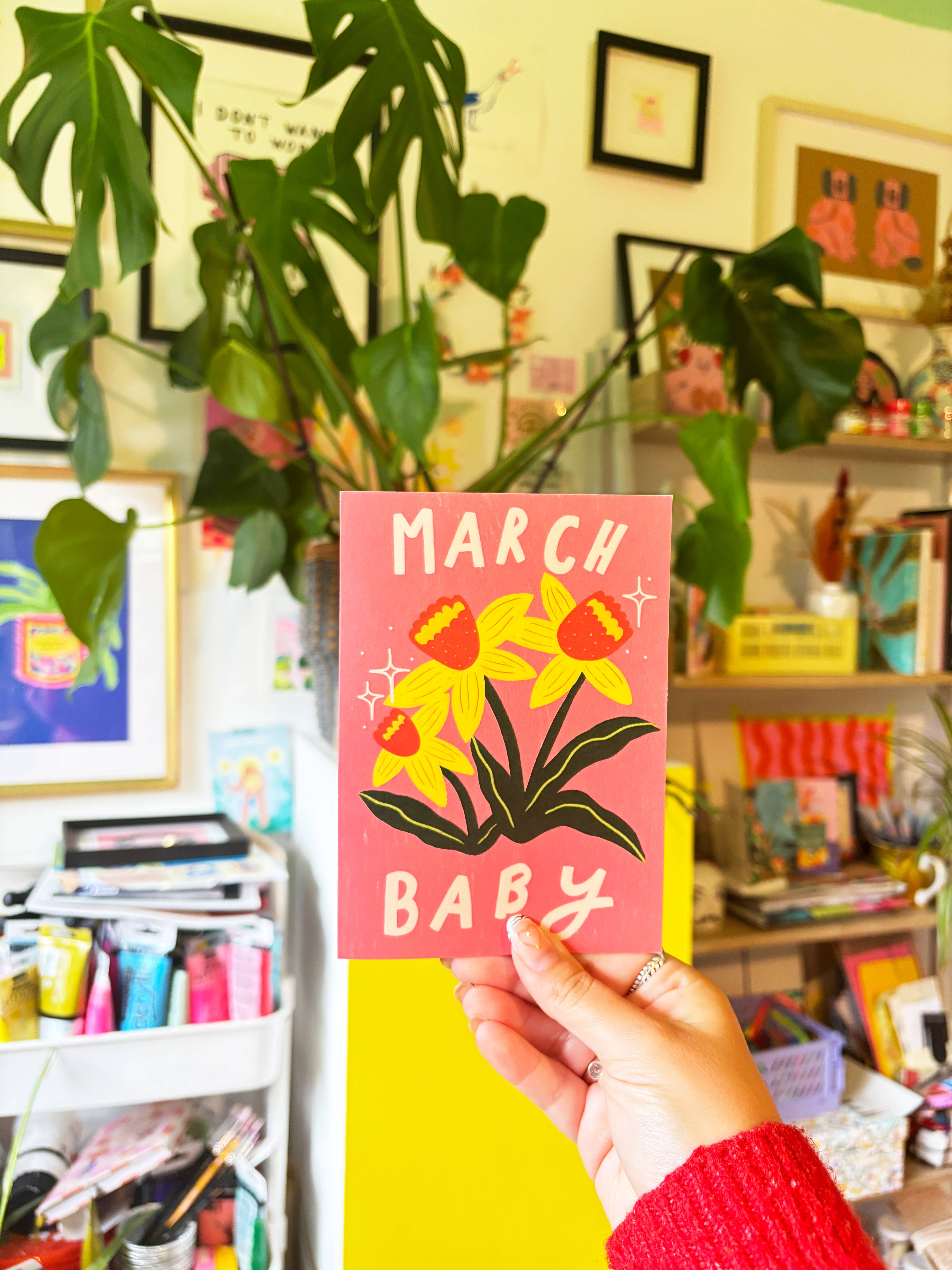 Kerrie Illustrates – wholesale Babykort – Mars Nyfödd Kort Födelseblomma Nyfödd Son Dotter Brorsdotter1