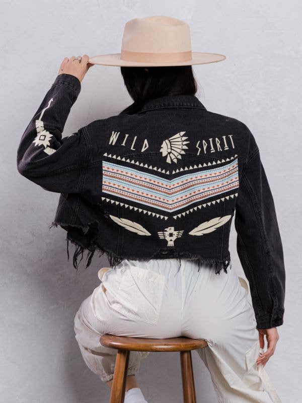 Black Wild Spirit Cream Font Crop Denim Jacket for wholesale on Faire
