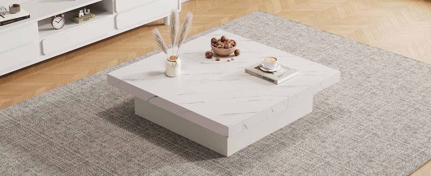 Urban Meuble - Wholesale Side Table - Modern white square coffee table with marble effect, 4 drawers, sliding top 90x90x25cm KHEKRIED49