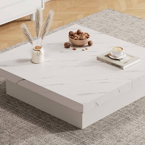 Urban Meuble - Wholesale Side Table - Modern white square coffee table with marble effect, 4 drawers, sliding top 90x90x25cm KHEKRIED49