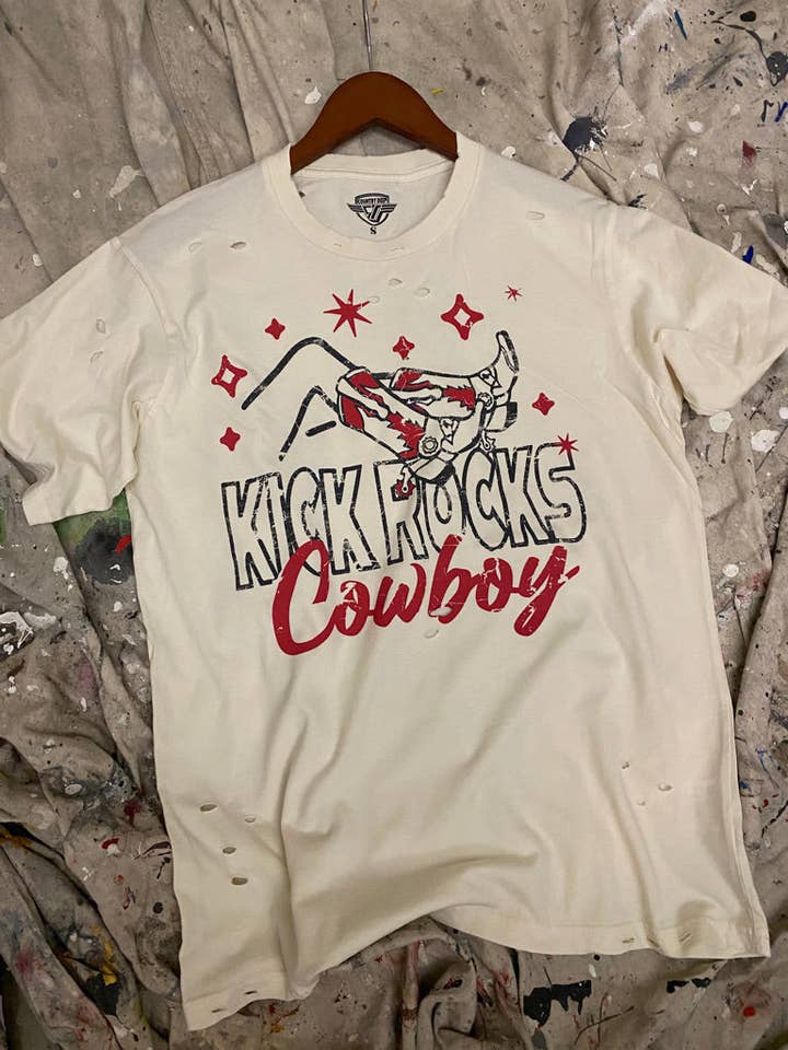 Country Deep Apparel - Wholesale Screen Printed T-Shirt - Unisex - Kick Rocks Cowboy distressed 80's vintage T shirt