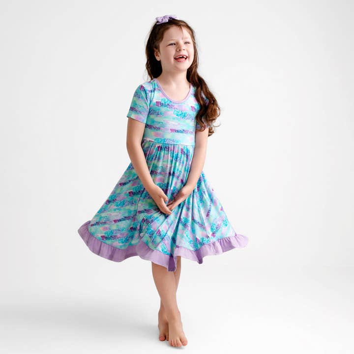 Mermaid Glitter | Toddler & Girls Bamboo Ruffle Twirl Dress for wholesale by Little Popp Crew