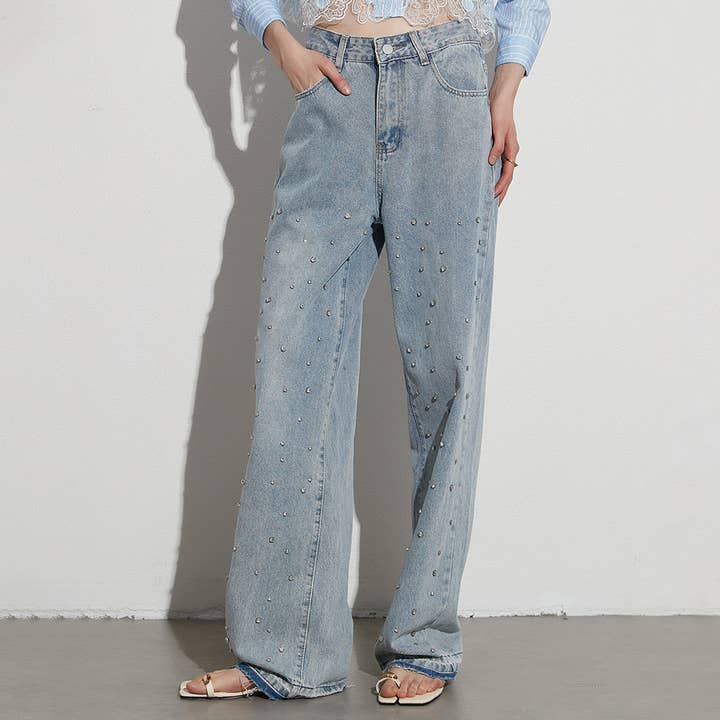 Blue HIGH WAISTED STUDDED PEARL STRAIGHT LEG JEANS_CWJP0197 for wholesale on Faire