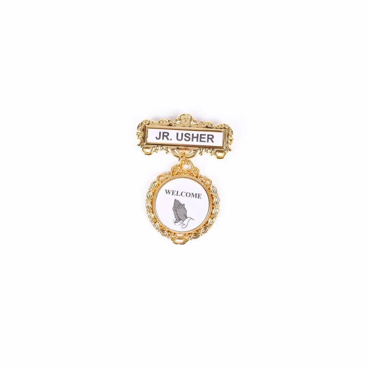 Badge - Fancy Round - Jr Usher - Ethnic Praying Hands - Pin for wholesale by Swanson Christian Products