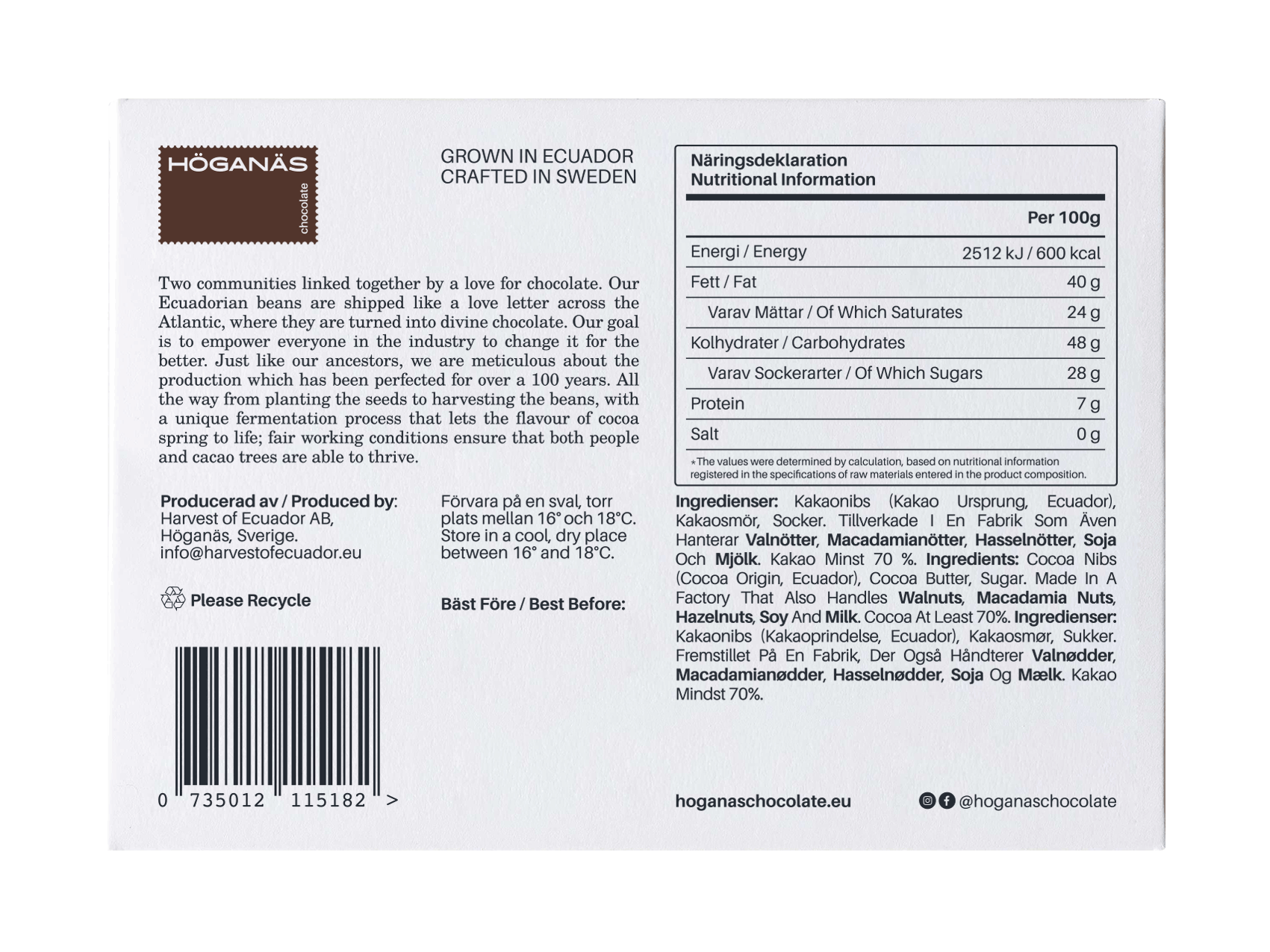 Höganäs Chocolate - Wholesale Chocolate Bar - Dark Chocolate Bar 70%3