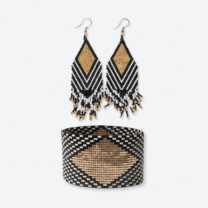 Dottie + Brooklyn diamond and angles beaded earrings and bracelet set Black and White Wholesale for wholesale by INK + ALLOY