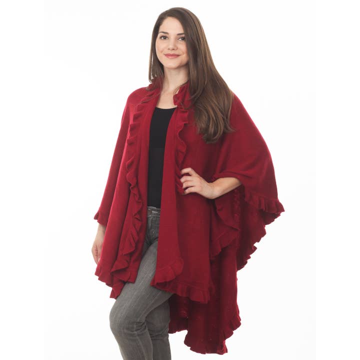 Fennco Styles – wholesale Poncho – Women's – Ruffle Trim Knit Open Front Cozy Warm Women Poncho Cape3