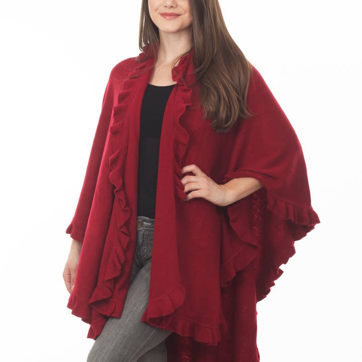 Fennco Styles - Wholesale Poncho - Women's - Ruffle Trim Knit Open Front Cozy Warm Women Poncho Cape