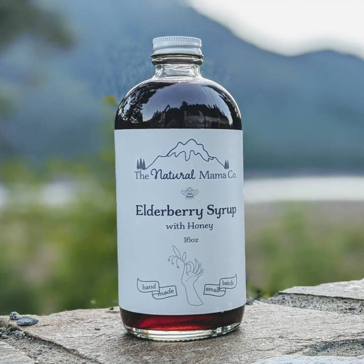 Organic Elderberry Syrup - with raw honey - 16oz for wholesale by The Natural Mama Co.