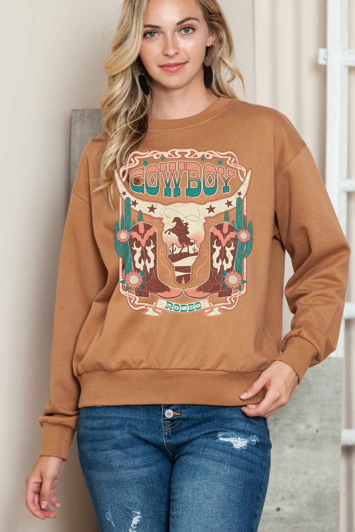 Amused by Blue – Großhandel Sweatshirt mit Grafikdruck – Damen – Damen Cowboy Rodeo Grafikdruck Pullover Sweater Top2