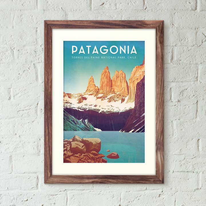 Chili, Patagonie - Affiche de voyage de style vintage pour la vente par Missy Ames Design and Illustration