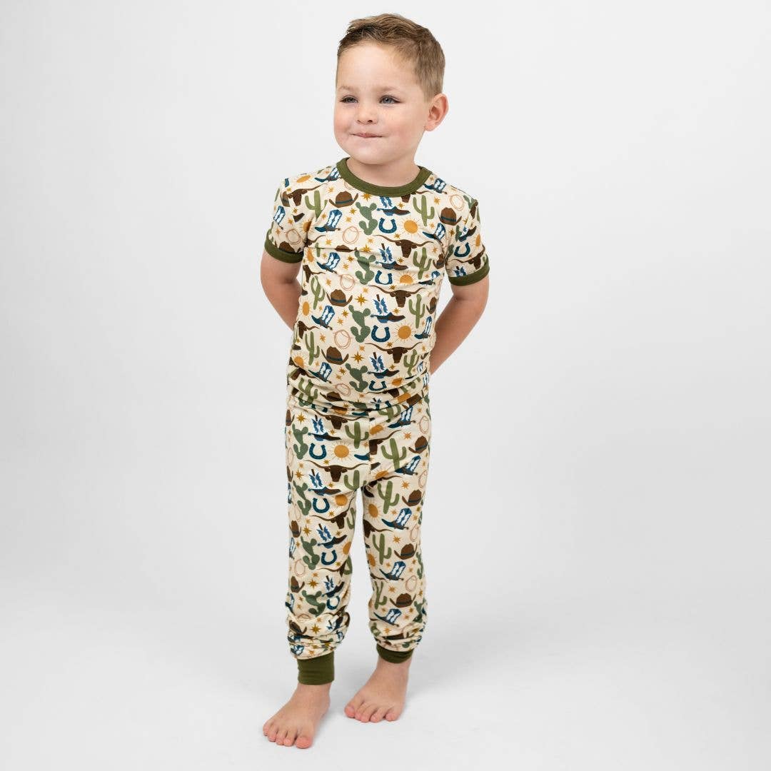Beige Multi Howdy Western Bamboo Short Sleeve Kids Pajama Pants Set for wholesale on Faire1