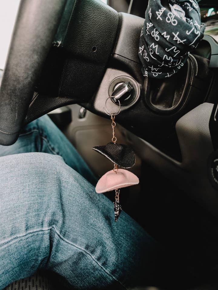 Pink & Black Cowboy Hat Keychain for wholesale by The Front Porch Label