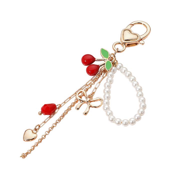 Sensibling Corp. - Wholesale Keychain - Women's - Enamel Cherry Bow Heart Charm Drop Pearl Beaded Keychain