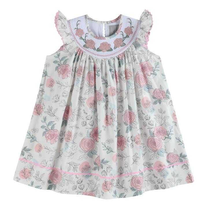 Robe d'évêque smockée à fleurs blanche et rose pour la vente par Lil Cactus