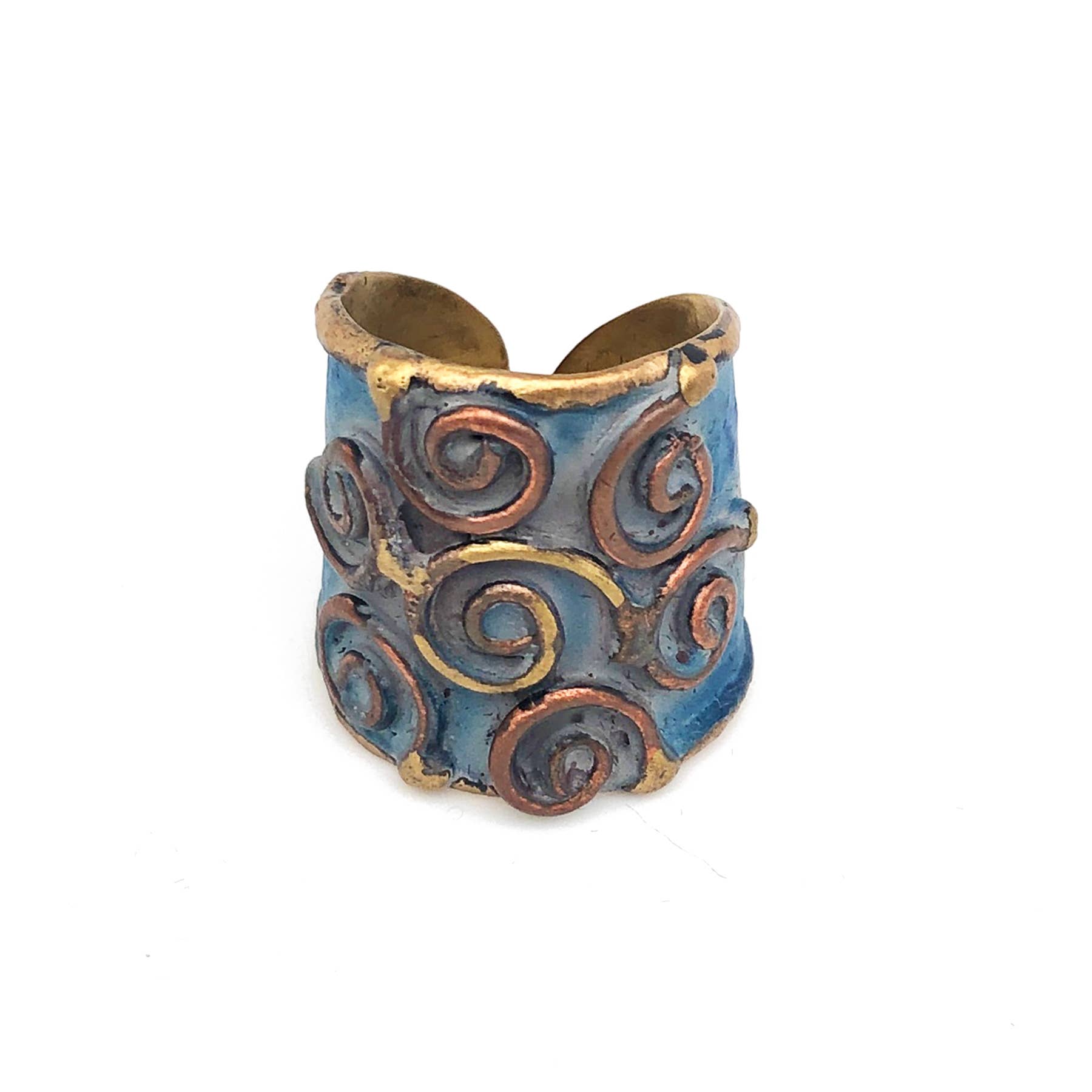 Anju Jewelry - Wholesale Band/Stacked Ring - Brass Patina Adjustable Cuff Ring - Blue Spirals Cluster