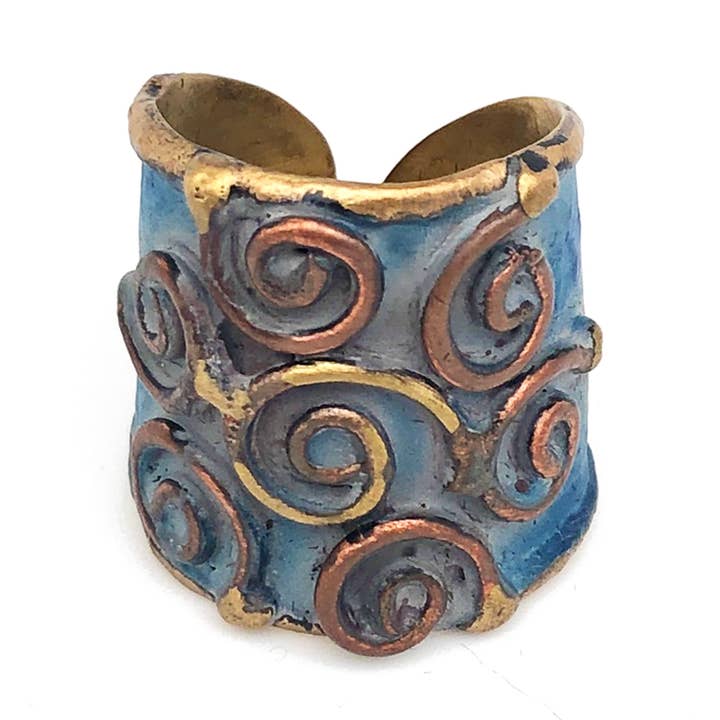 Anju Jewelry - Wholesale Band/Stacked Ring - Brass Patina Adjustable Cuff Ring - Blue Spirals Cluster0
