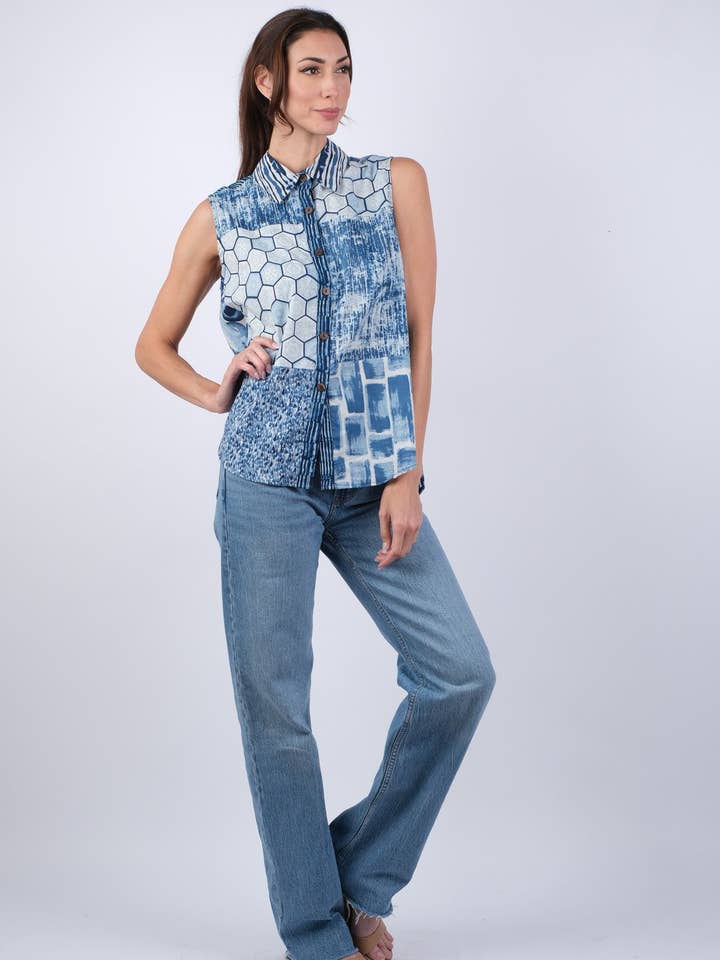 Sapphire Ocean Patchwork Collared Shirt for wholesale by Sacred Threads