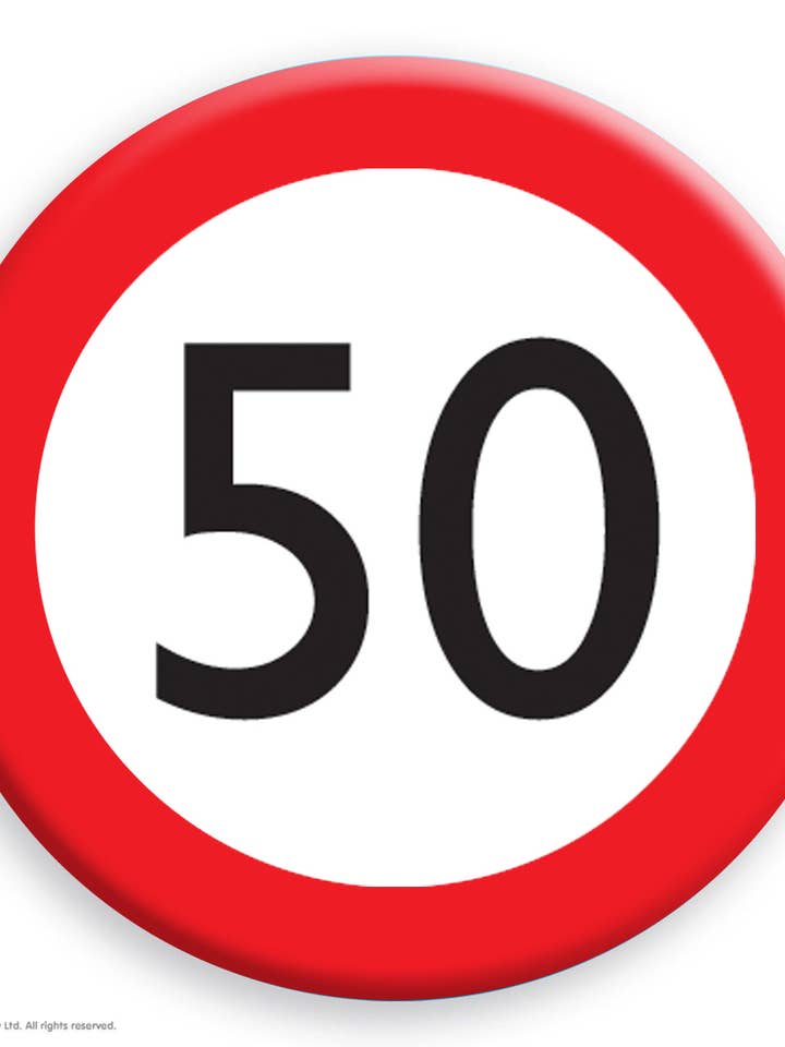 Funny Metal Pin - 50th Warning Birthday Badge for wholesale by Brainbox Candy