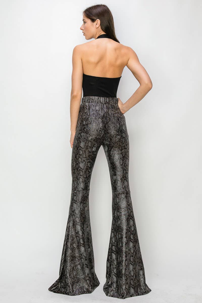 WISTERIA LANE - Wholesale Pants - Women's - PLUS SIZE PYTHON GOLD FOIL BELLBOTTOM KNIT PANTS-2300PAD2