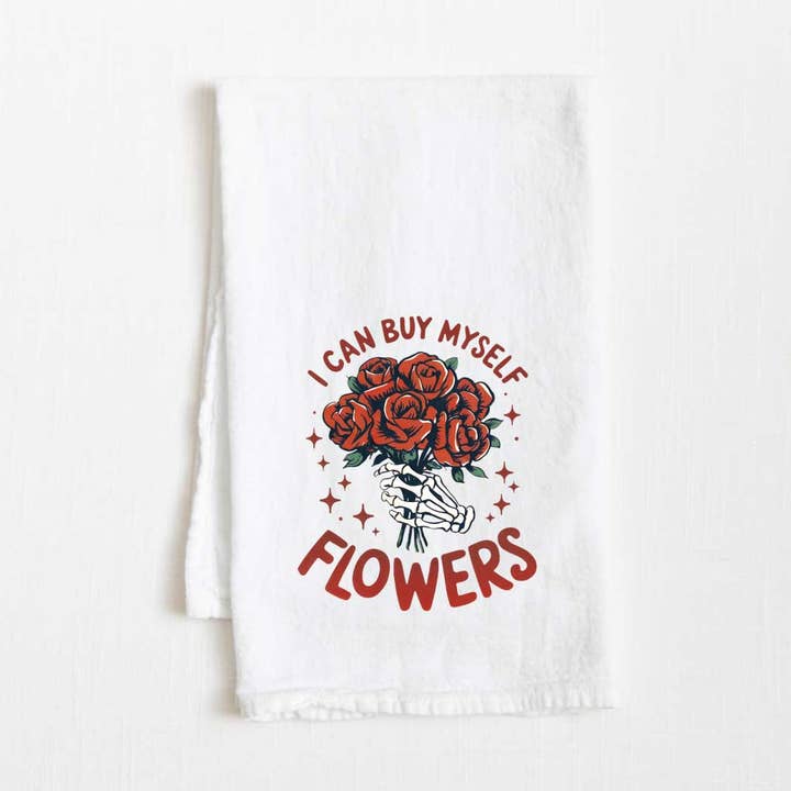 Asciugamano da cucina in sacco di farina "I Can Buy Myself Flowers" - 36” x 32” per la vendita all'ingrosso da parte di Towel Town