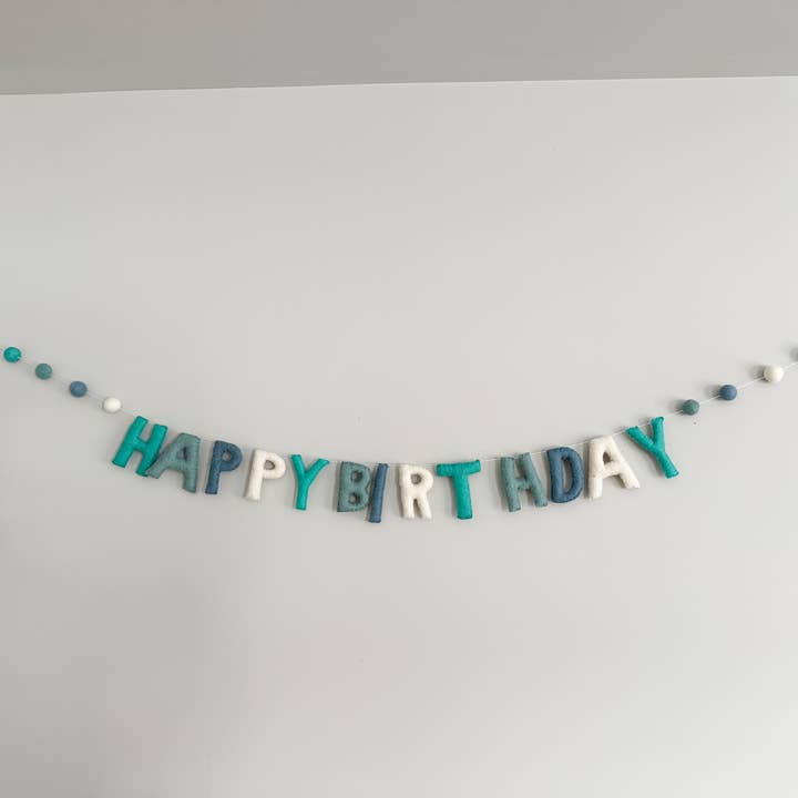 Happy Birthday Felt Garland - Blue & White Hues for wholesale by Sewing Seeds Play