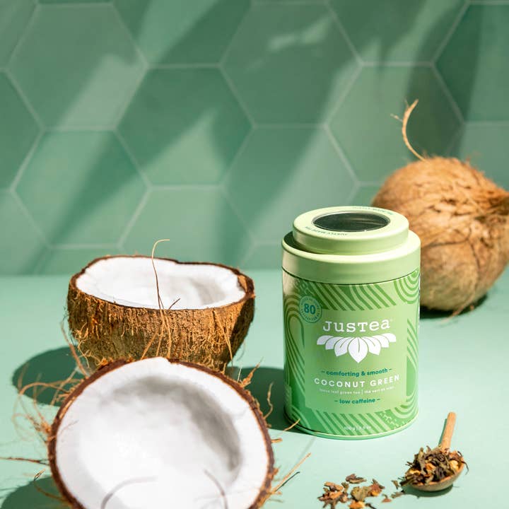 JusTea (No Import Fees to USA) - Wholesale Loose Tea - Coconut Green Tin & Spoon - Organic, Fair-Trade, Green Tea5
