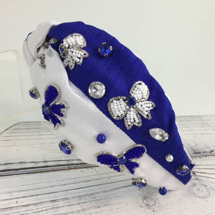 Blue and white bow headband for wholesale by SongLily