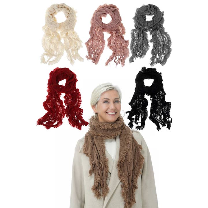Cap Zone - Wholesale Scarf - Women's - Chevron Crochet Knitted Ruffled Oblong Wrap Scarf