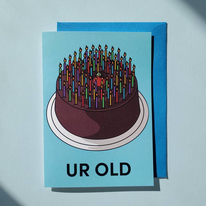 Ur Old Funny Birthday Card, Many Candles, Cake for wholesale by Brianna Gardocki Art