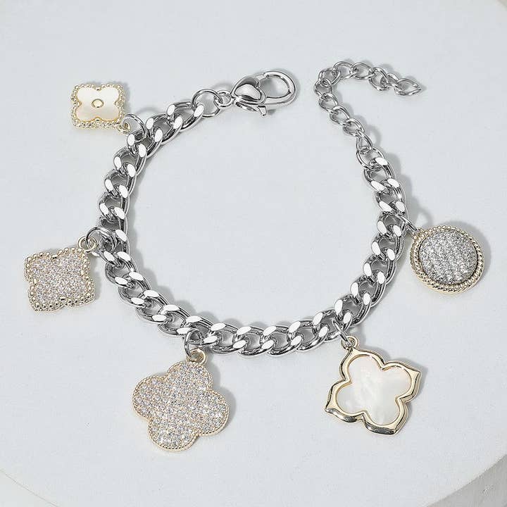 14K Gold Plated CZ Mother of Pearl Quatrefoil Charm Bracelet for wholesale by Sensibling Corp.