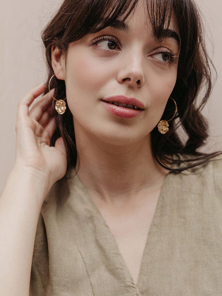 24k Gold Plated Hammered Brass Hoop Earrings for wholesale by Aloë Earrings