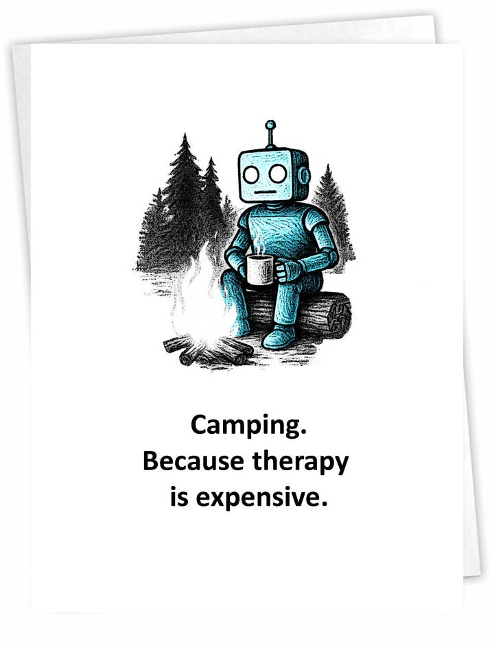 Funny Outdoor Card- Camping Robot - Blank Inside for wholesale by Blue Spark Card Co