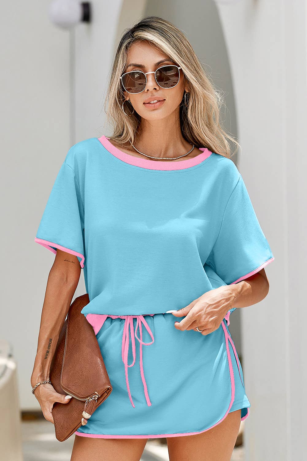 Little Daisy Closet - Wholesale Top & Skirt Set - Women's - LDC Colorblock Edge Drop Shoulder T Shirt and Skirt 2Pcs Set0