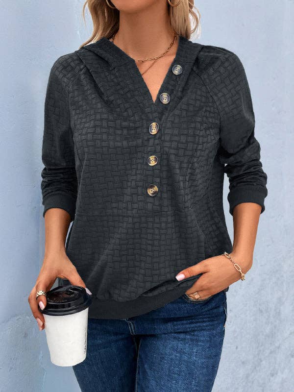 DEEP GRAY Hooded Long Sleeves Buttoned Split-Joint Hoodies Tops for wholesale on Faire4