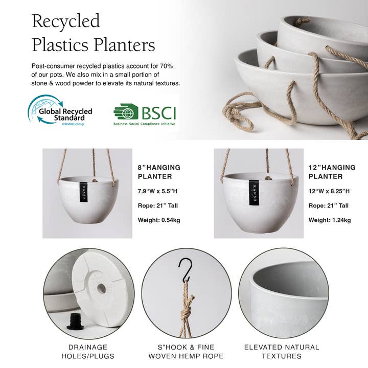 Kanso Designs - Wholesale Hanging Planter - 8" | 12" Signature Stone Hanging Planter Pot | 4 Colorways