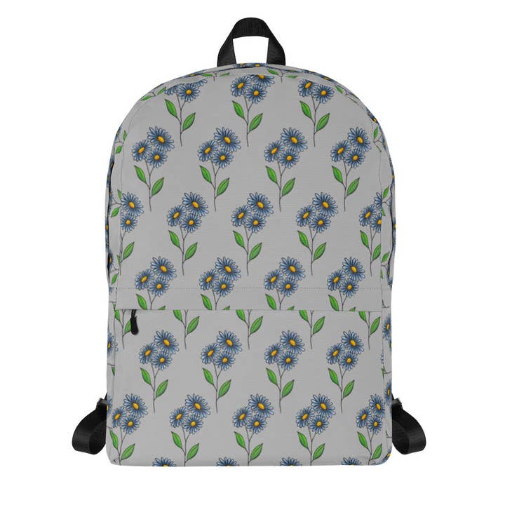 Floral Illustration Print Backpack, Aster Flower Patterned Book Bag for wholesale by emilyckohl