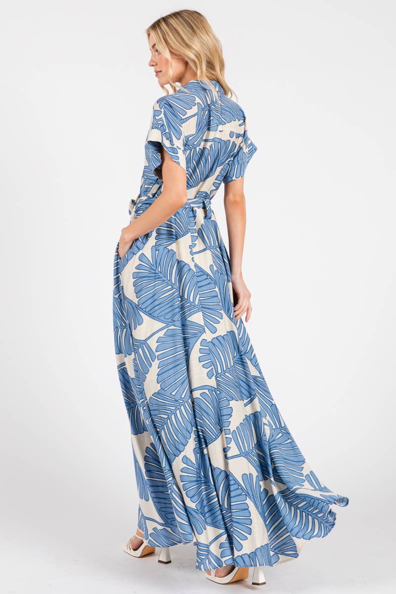 B I G H I T Fashion - Wholesale Dress - Women's - Palm Print Short Sleeve Button-Down Maxi Dress HD3020-BLUE11